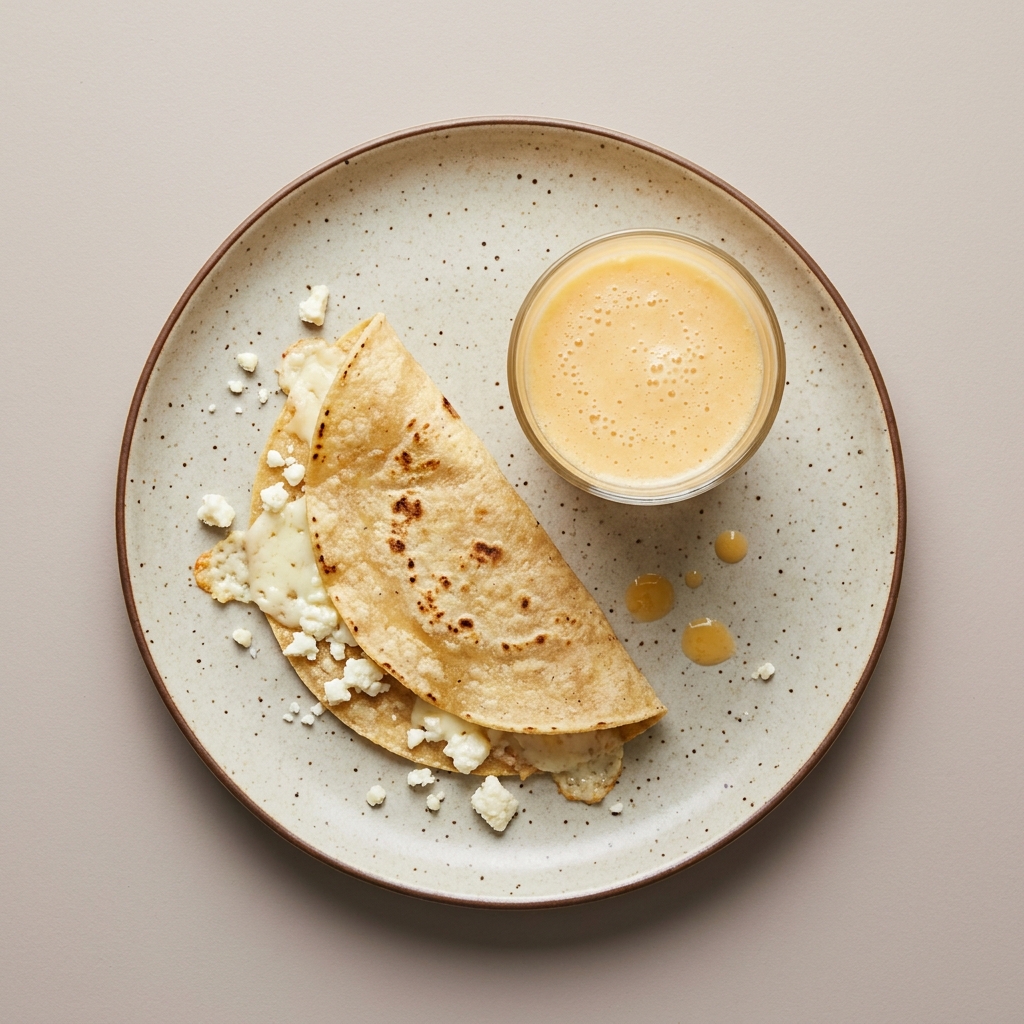 Taco de queso fresco con licuado de mango.