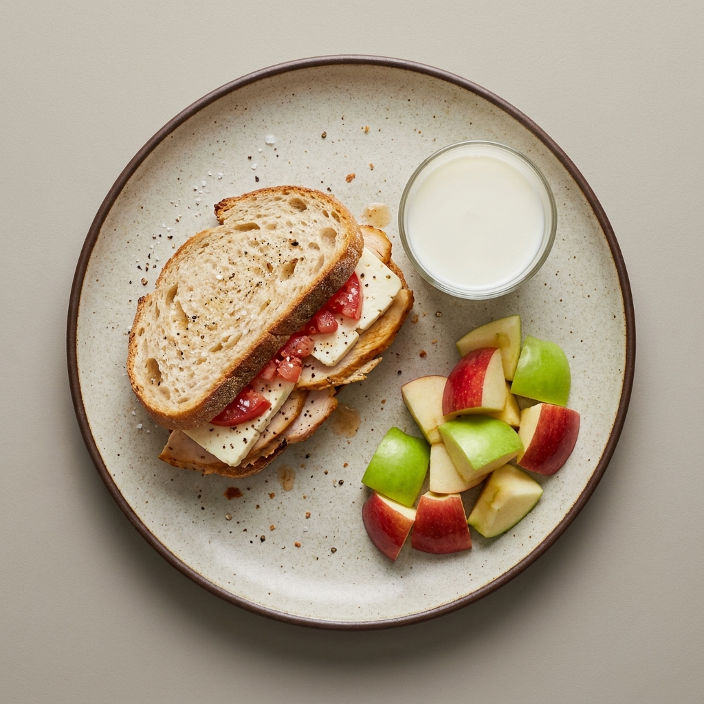 Sandwich de pechuga de pavo, acompañado con fruta y leche.