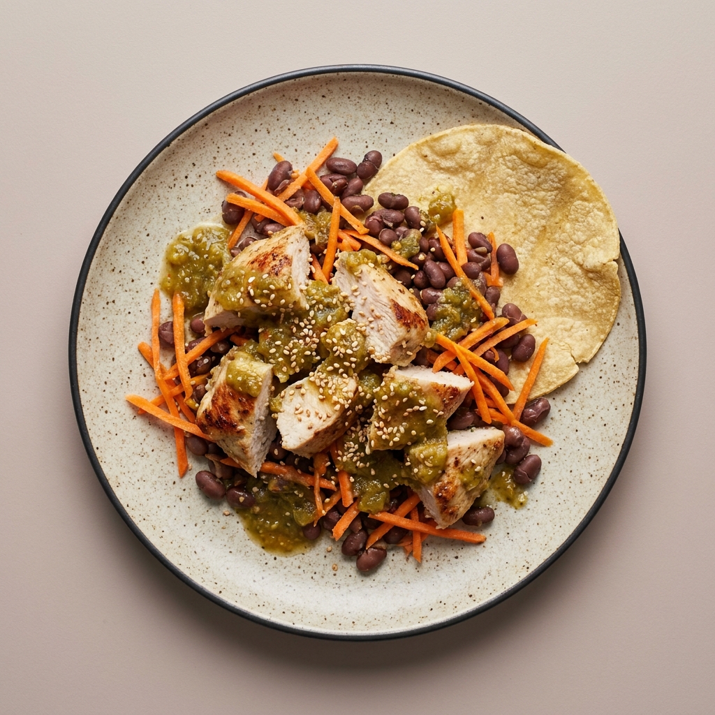 pechuga de pavo horneada en salsa verde con zanahoria, frijol y semilla de ajonjolí, con tortilla de maíz