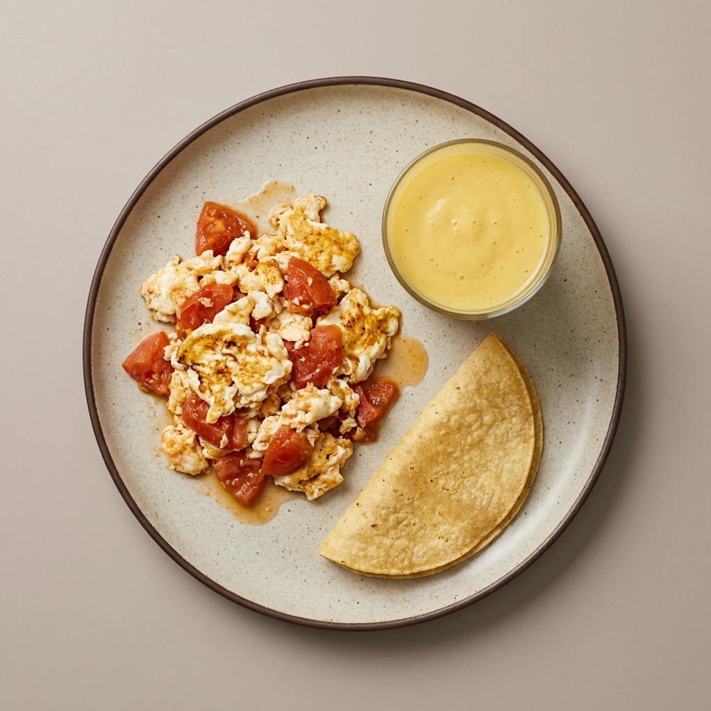 Claras revueltas con jitomate, tortilla de maíz y licuado de mango