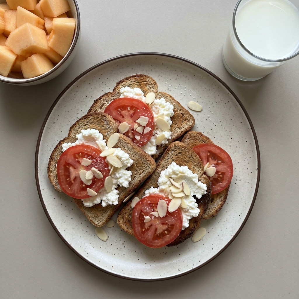 Pan integral con requesón, jitomate y almendra, con melón y vaso de leche