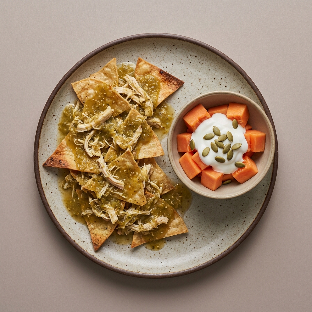 Chilaquiles verdes de pechuga de pollo deshebrada acompañada de papaya, yogurt natural y pepitas de calabaza