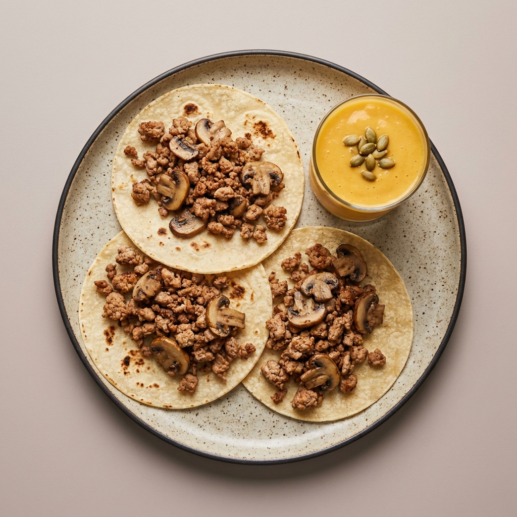 Tacos de carne molida de pavo con champiñón acompañado de licuado de mango con pepitas de calabaza