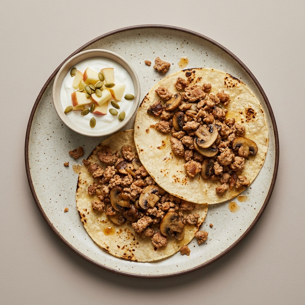 Tacos de carne molida de pavo con champiñón acompañado con yogurt, manzana y pepita de calabaza