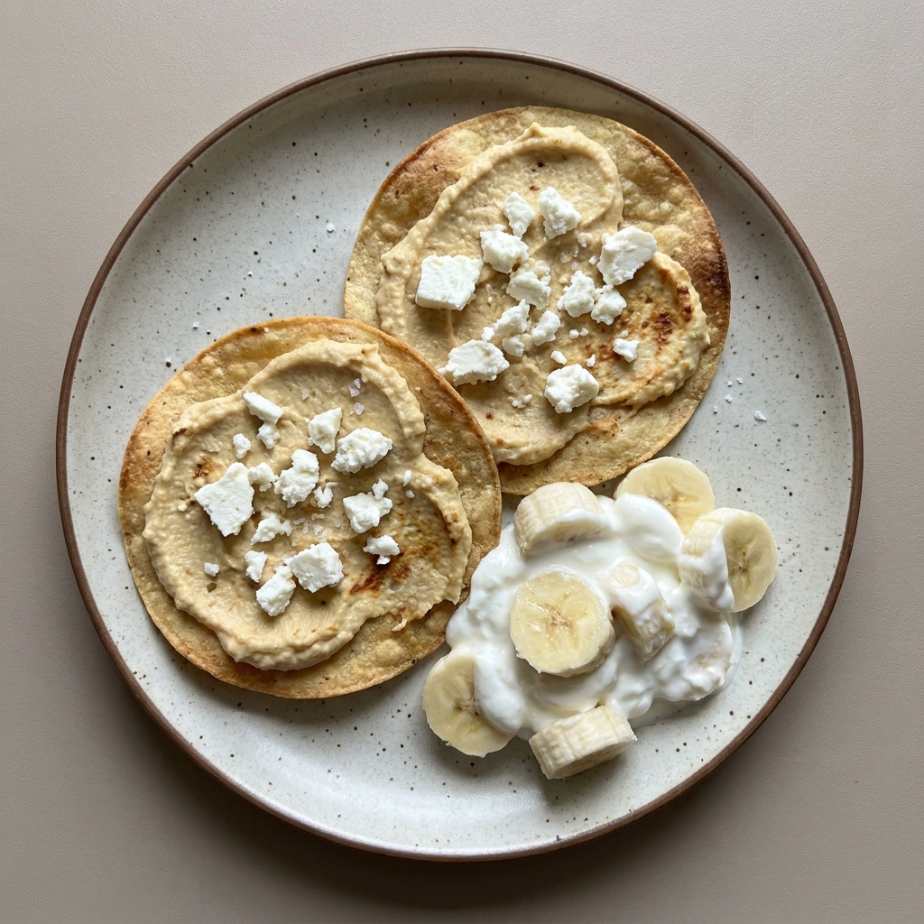 Tostadas de hummus y queso fresco, acompañado de yogurt con fruta.