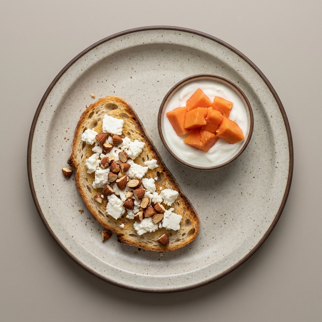 Pan de masa madre con queso panela y almendra, acompañado de yogurt con papaya