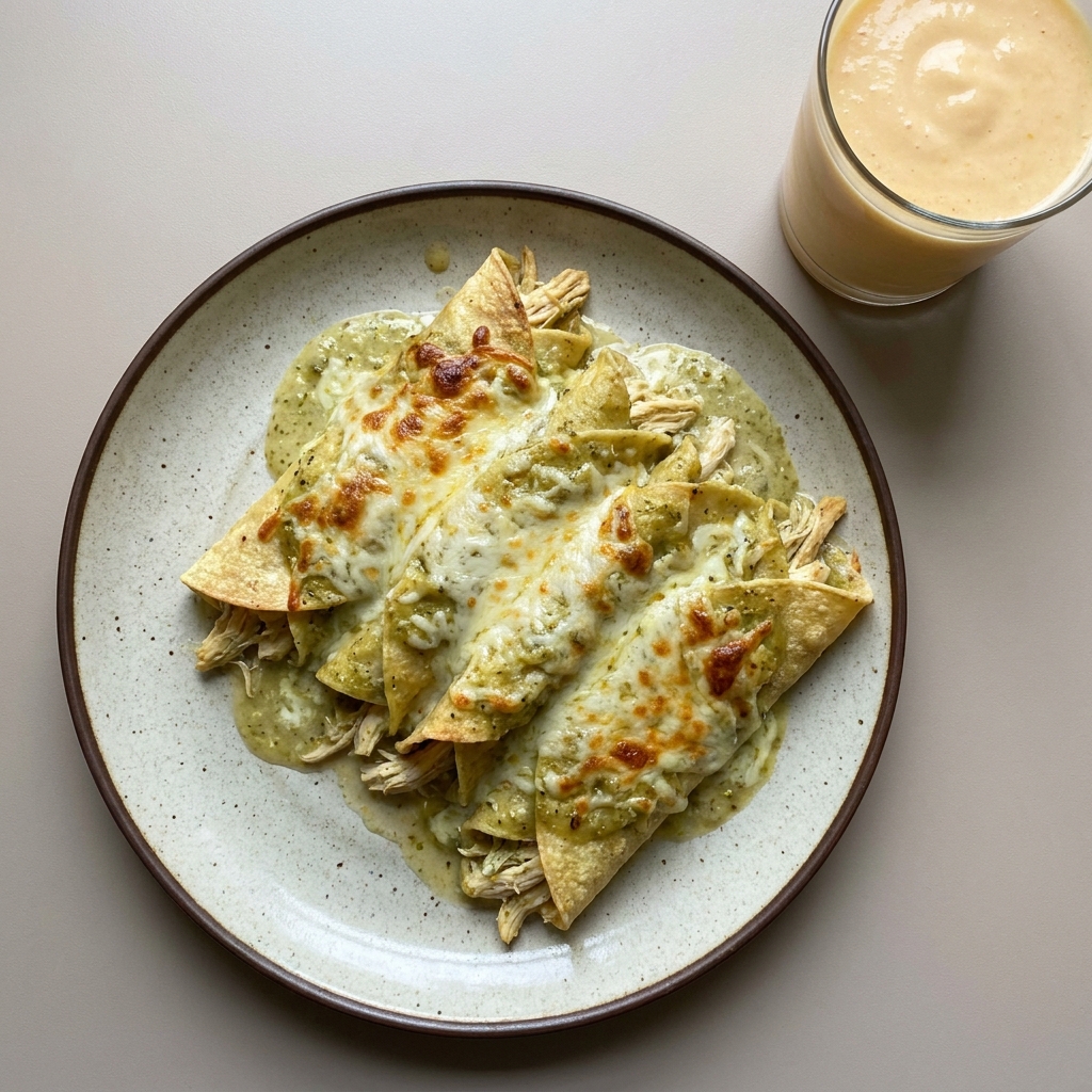 Enchiladas verdes de pechuga de pollo, gratinadas + smoothie de durazno