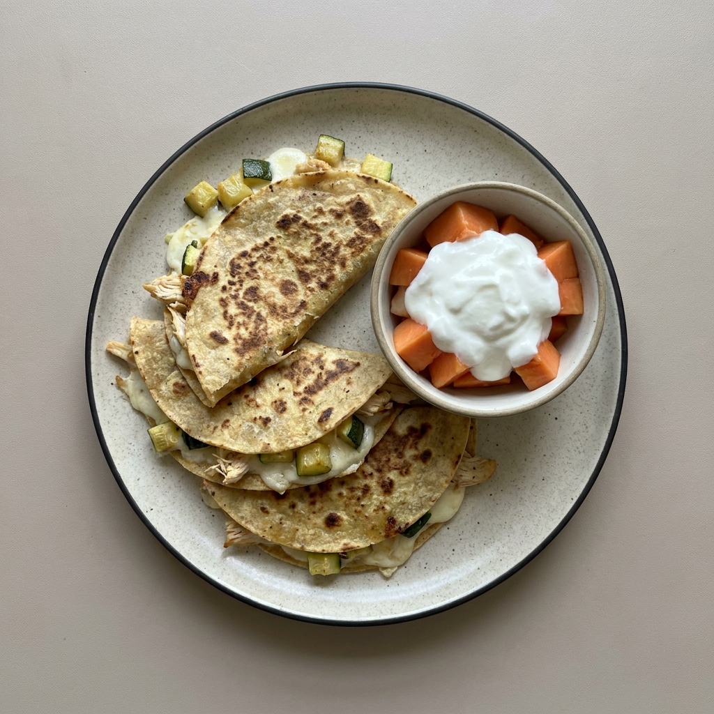 Quesadillas de pechuga de pollo y calabacita + bowl de yogurt con papaya
