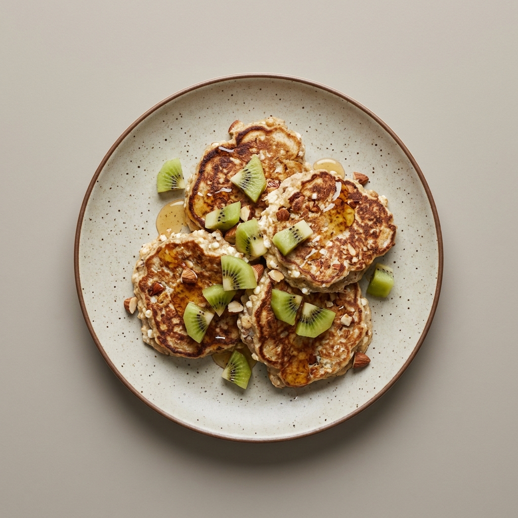 Hotcakes de  queso cottage con almendras y kiwi