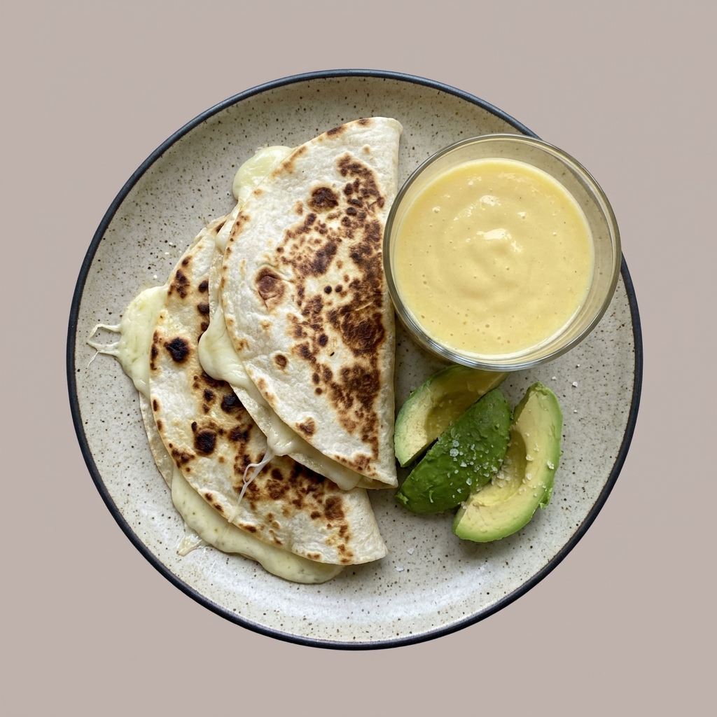 Quesadillas de queso oaxaca con aguacate y licuado de mango