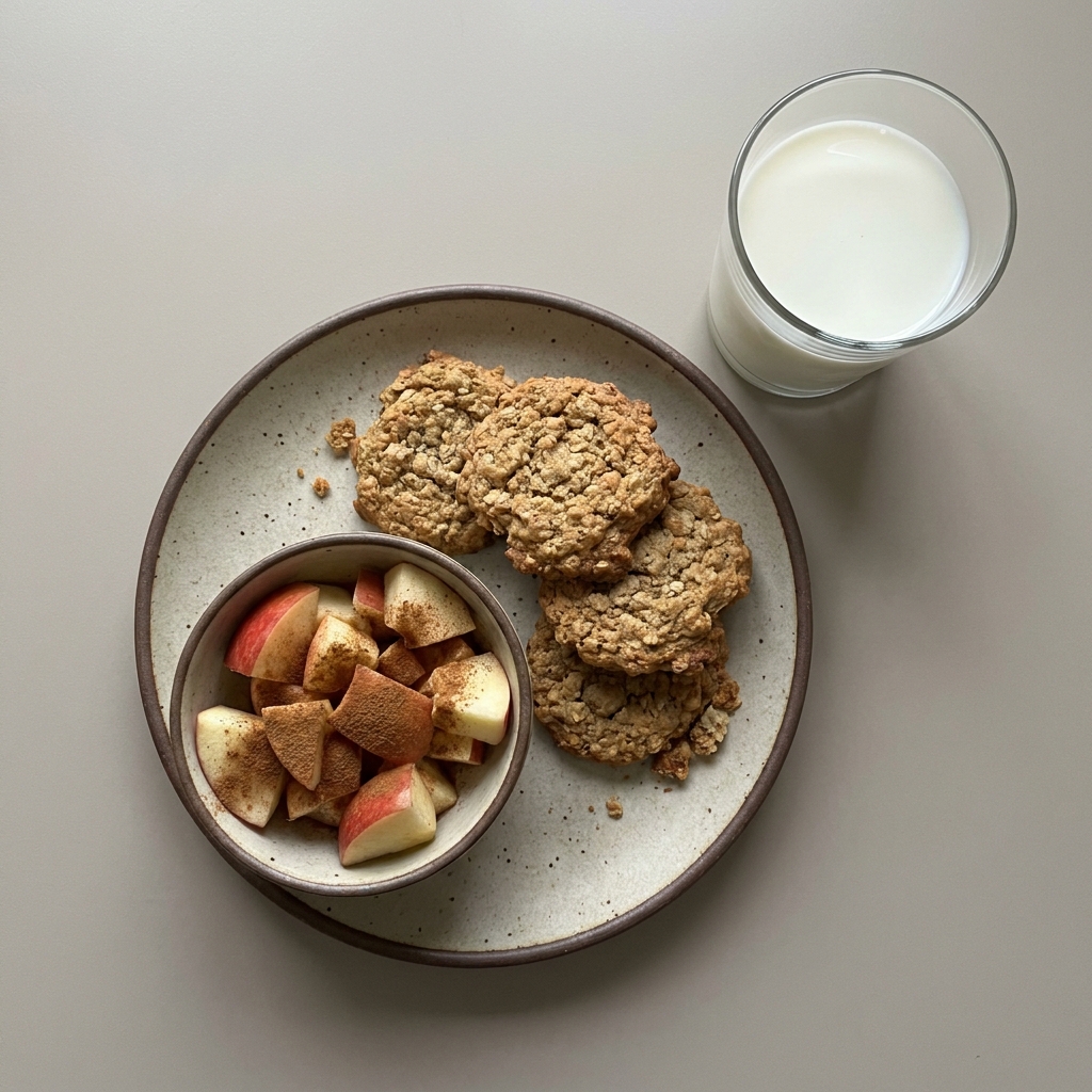 Galletas de avena con bowl de manzana y vaso de leche