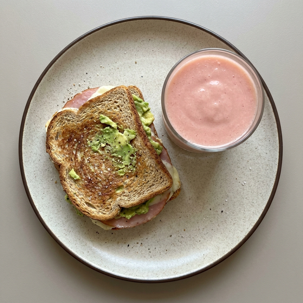 Sandwich de jamon y queso con aguacate con licuado de guayaba.