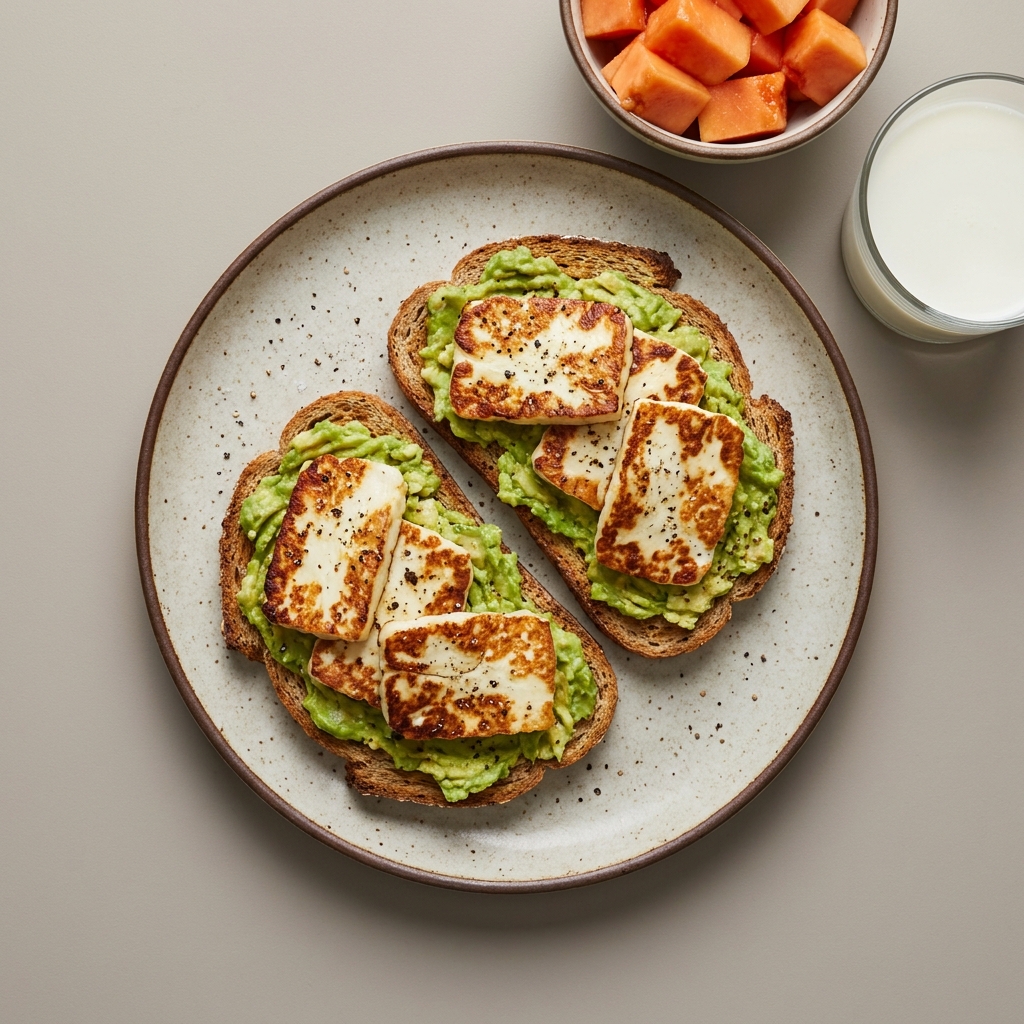 Pan tostado con queso panela y aguacate, con bowl de papaya y vaso de leche