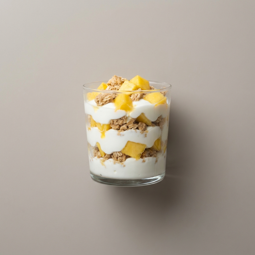 Parfait de yogurt con barra de avena y mango