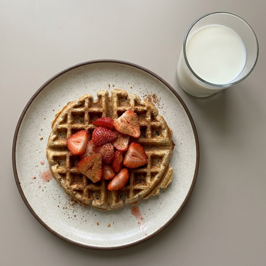 Wafles integrales con fresas y vaso de leche