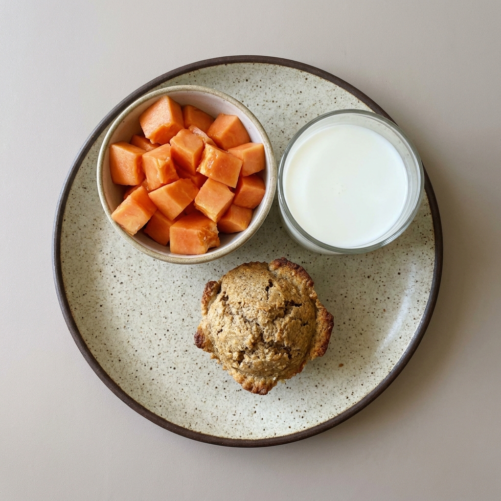 Mantecada integral con bowl de papaya y vaso de leche