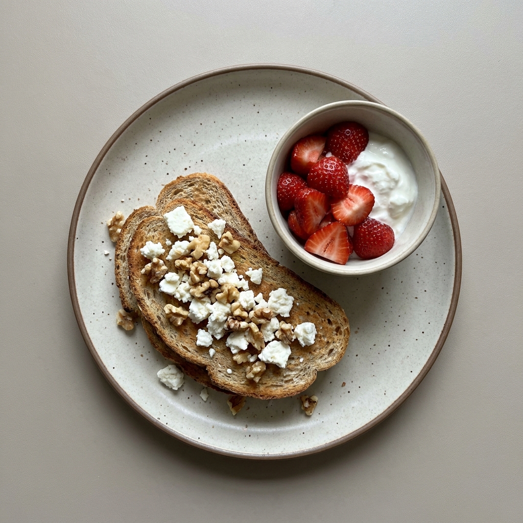 Pan integral con queso fresco y nuez, acompañado de fresas con yogurt