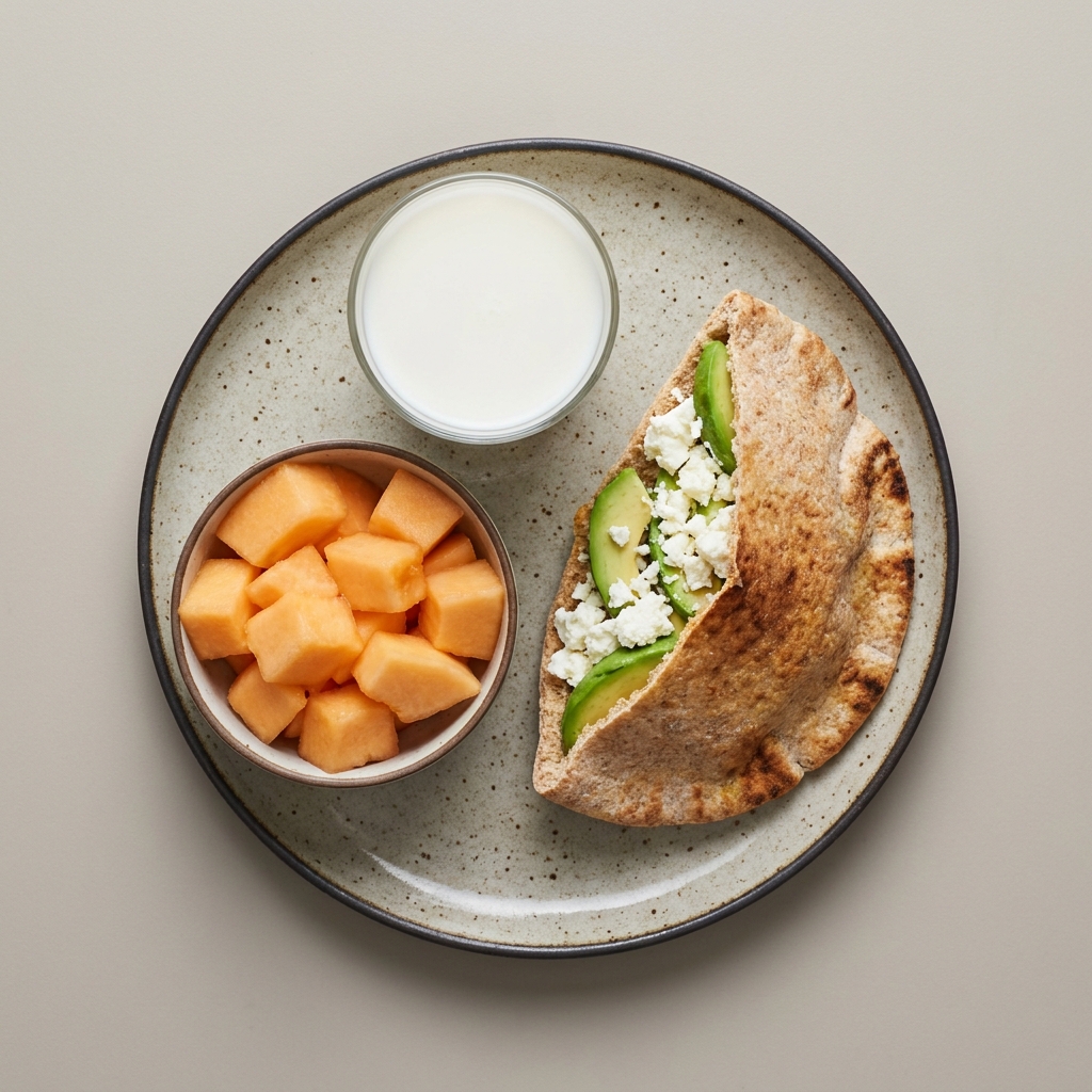 Pan arabe relleno de queso fresco con aguacate, con bowl de melon y vaso de leche