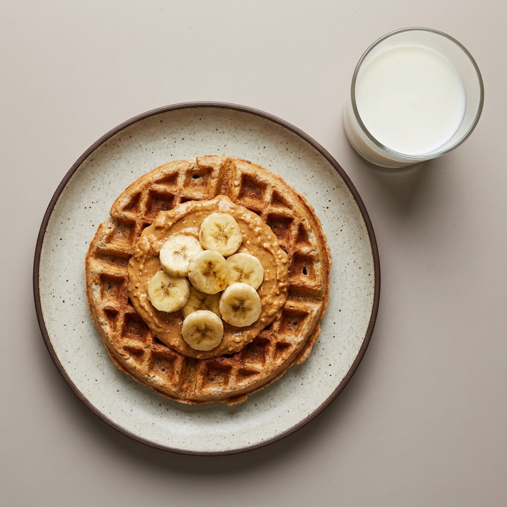 Wafle integral con crema de cacahuate, plátano y leche descremada