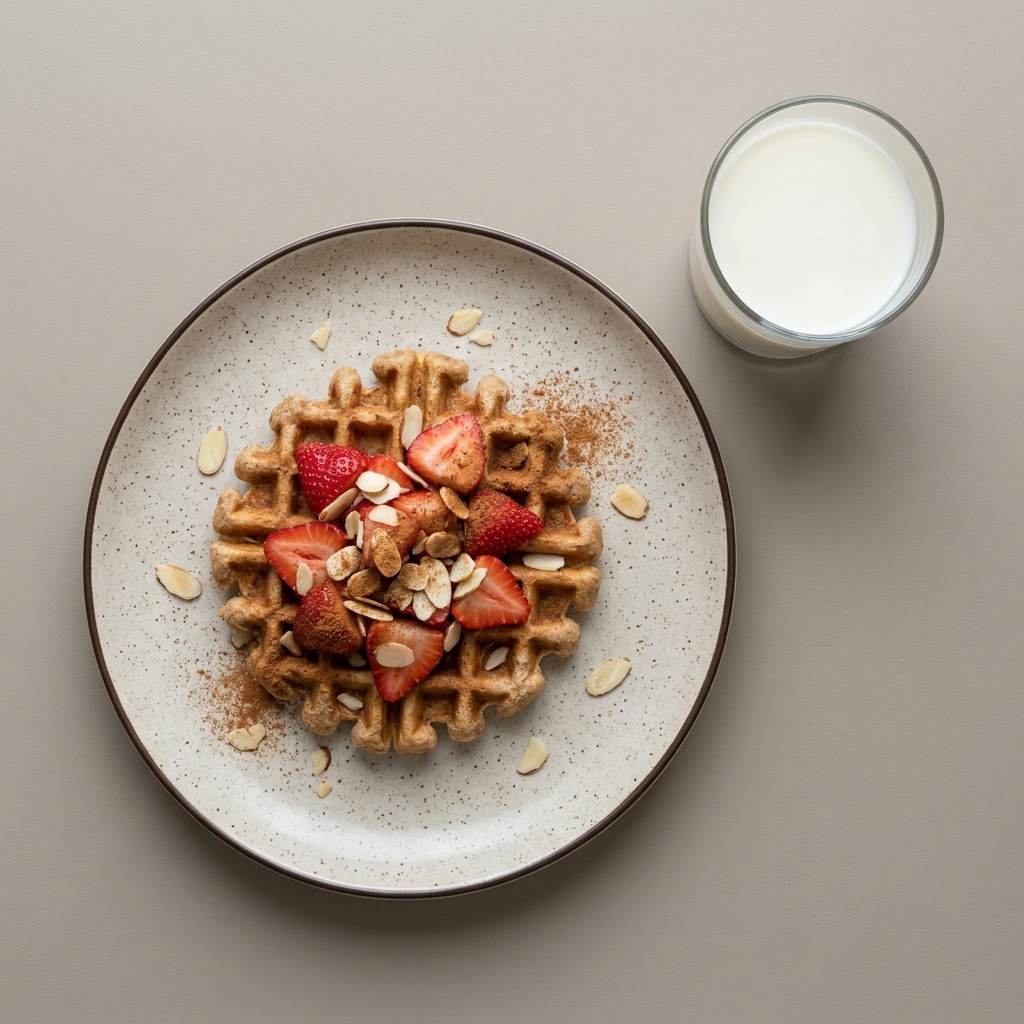Wafle integral con almendra y fresa, con vaso de leche
