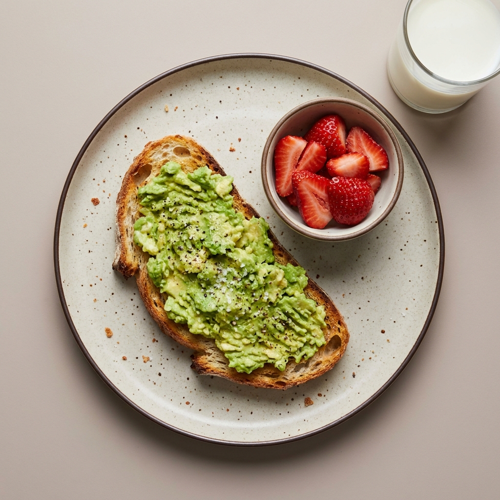 Pan de masa madre con aguacate, con bowl de fresa y vaso de leche
