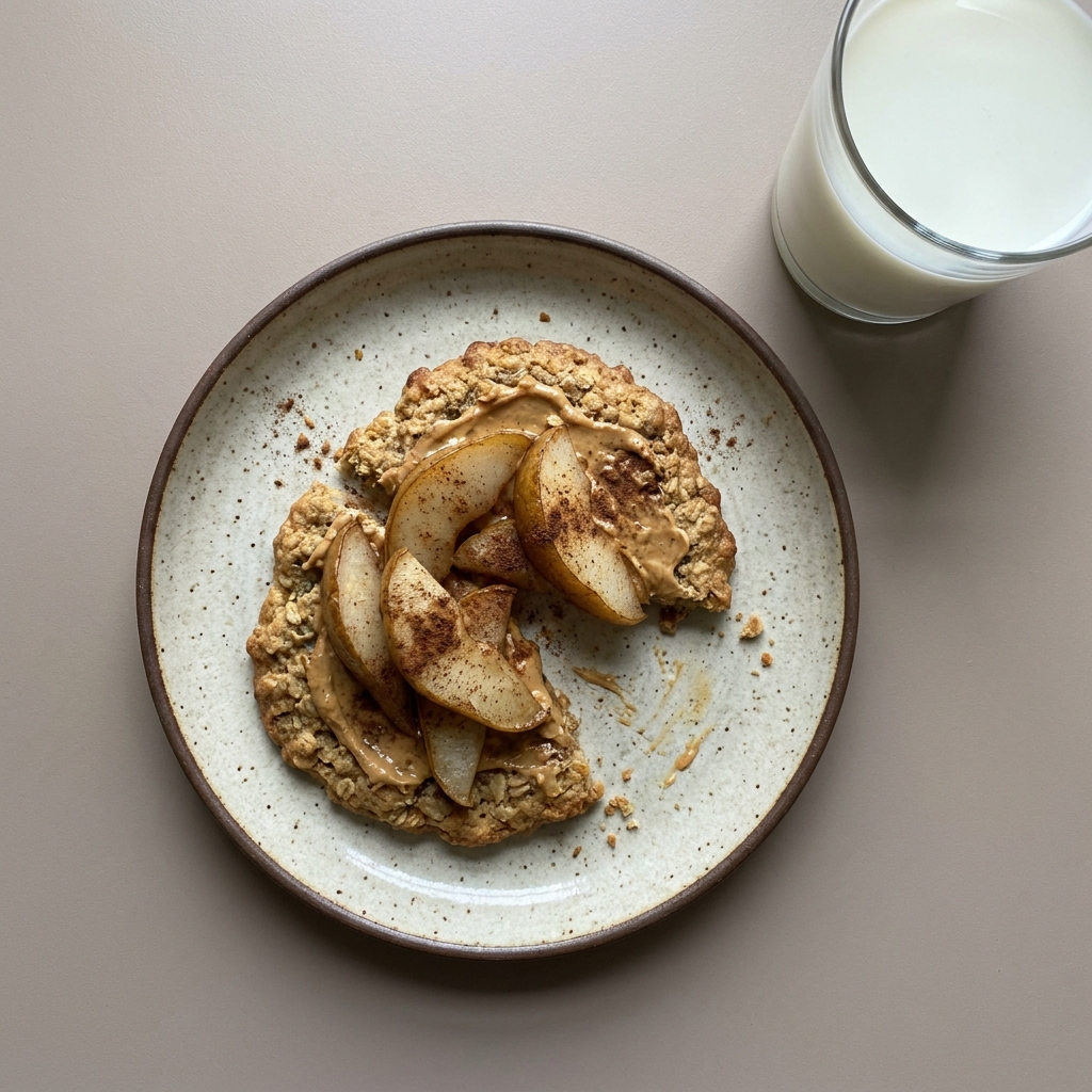 Galleta de avena con crema de cacahuate y pera cocida, con vaso de leche