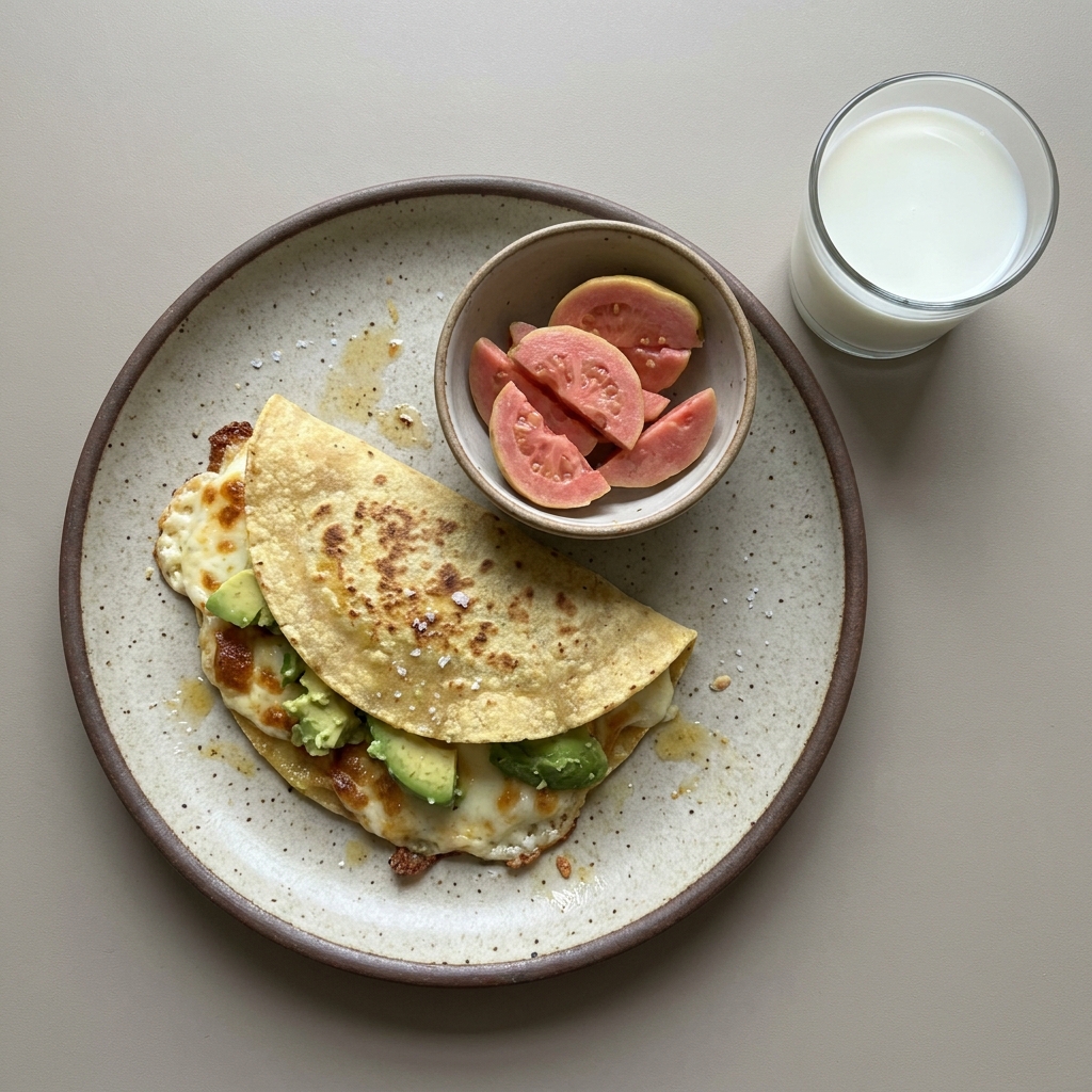 Quesadilla de panela con aguacate, con bowl de guayaba y vaso de leche