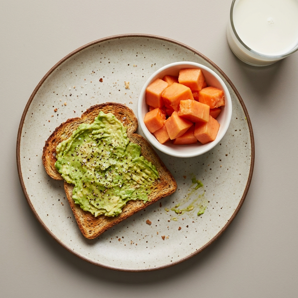 Pan integral con aguacate, acompañado de papaya y vaso de leche
