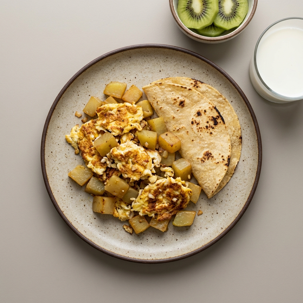 Huevo con chayote, tortilla de maíz, bowl de kiwi y vaso de leche
