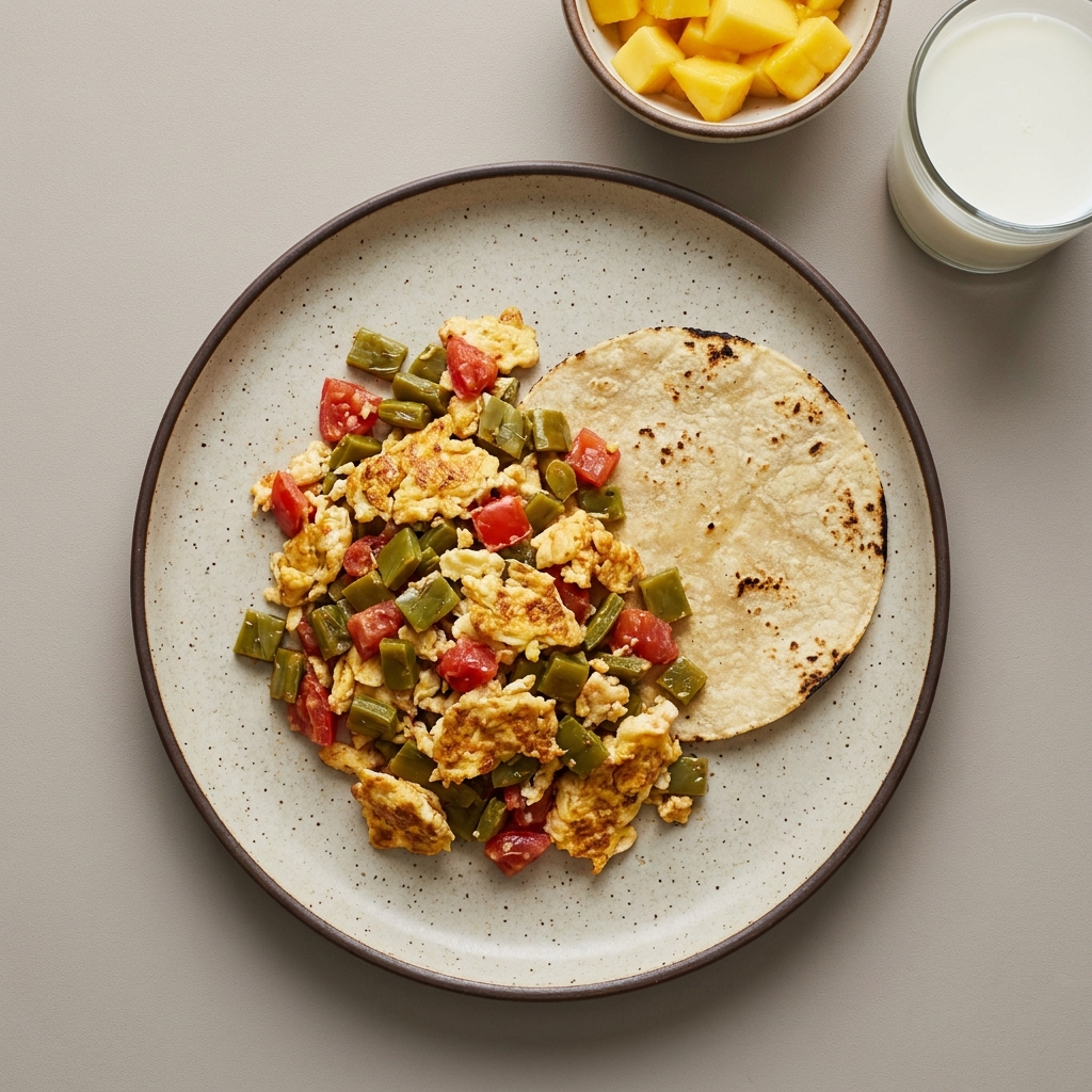 Huevo revuelto con nopal y jitomate, con tortilla de maíz, bowl de mango y vaso de leche