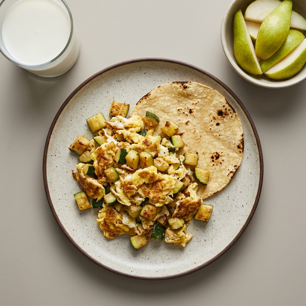 Huevo con calabacita, tortilla de maíz, bowl de pera y vaso de leche