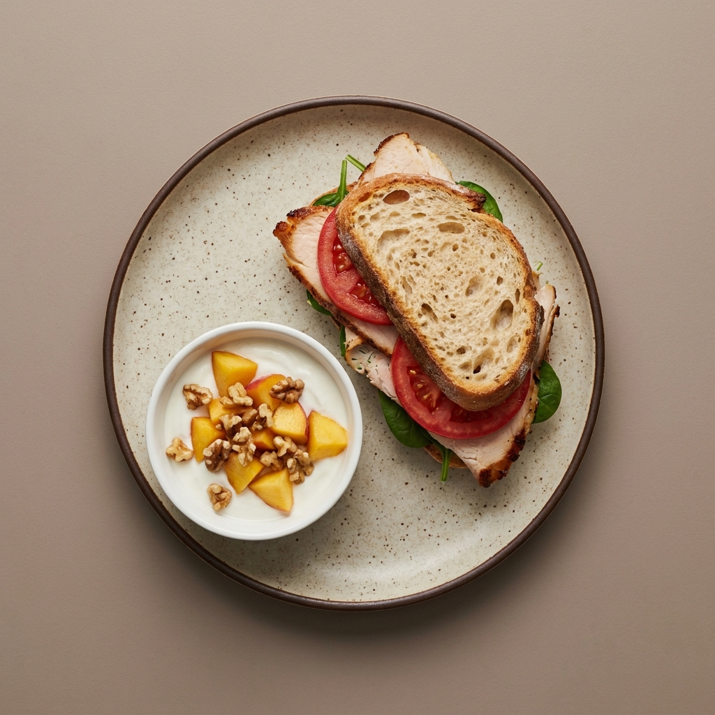 Sandwich de pechuga de pav con jitomate y espinaca + bowl de yogurt con durazno