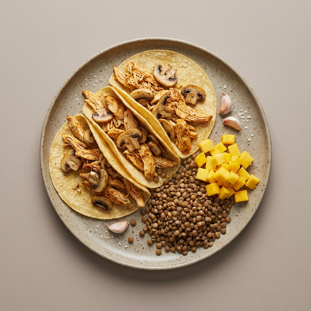 Tacos de pechuga de pollo deshebrada con champiñón, con bowl de mango