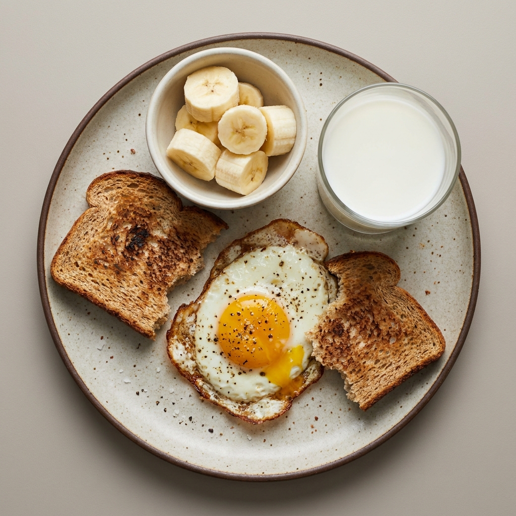 Huevo estrellado con pan integral, y bowl de plátano con leche