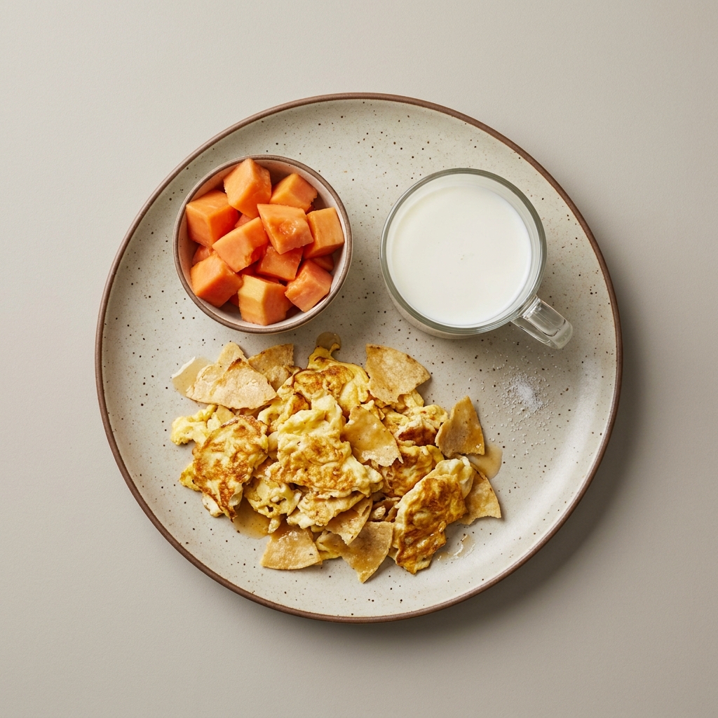 Migajas de huevo con bowl de papaya y leche