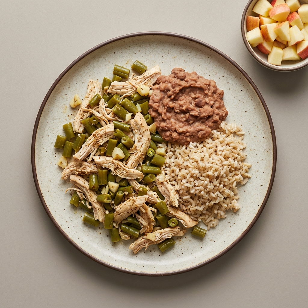 Pechuga de pollo deshebrada con ejote, arroz integral, y frijoles acompañado de manzana picada
