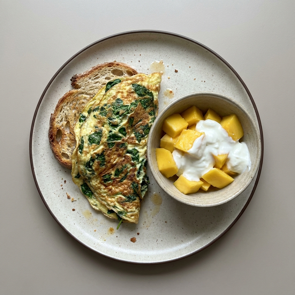 Omelette simple con espinacas y pan de masa madre, bowl de mango con yogurt griego