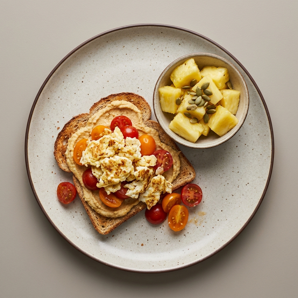 Toast con huevo revuelto, hummus y cherries + bowl de piña con pepitas de calabaza