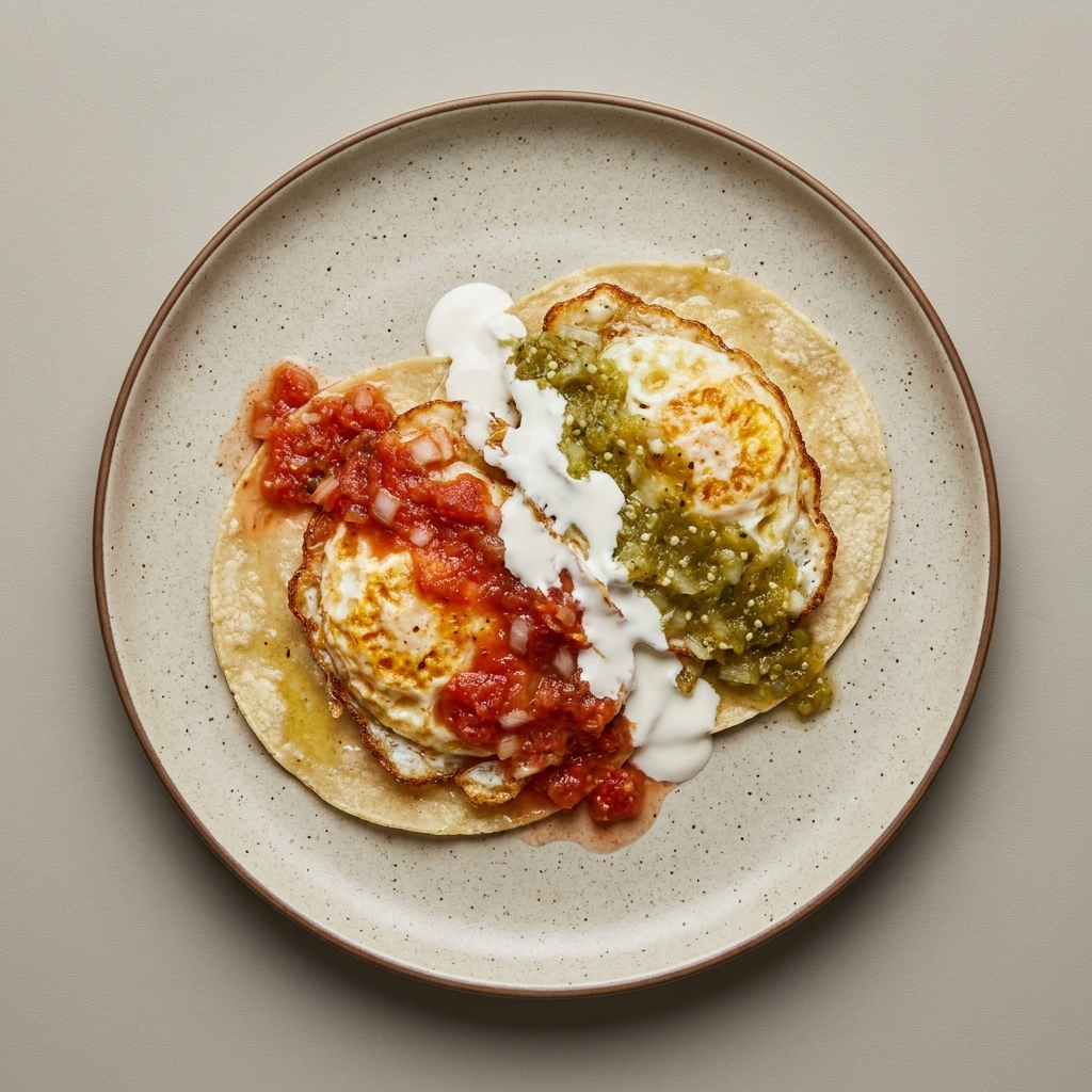 Huevos norteños divorciados con salsa verde y roja y crema