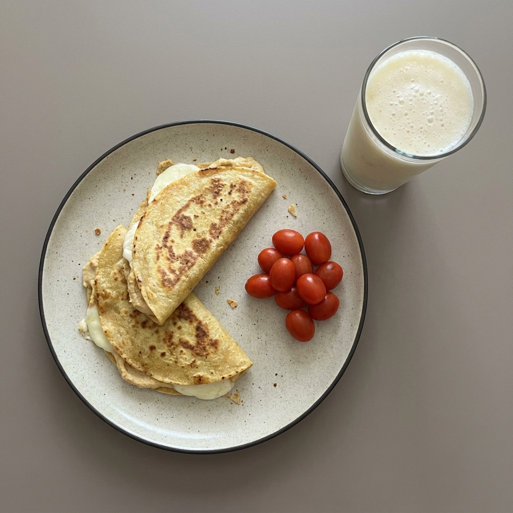 Quesadillas de queso panela y hummus + smoothie de manzana