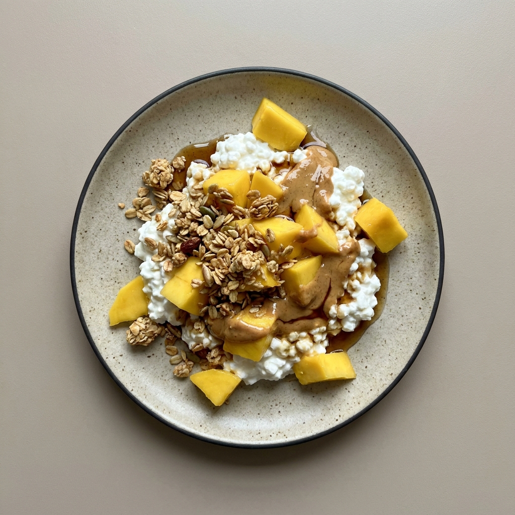 bowl de queso cottage, mango, crema de cacahuate y granola