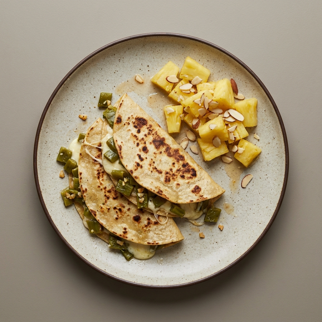 Quesadillas de panela con nopal asado + piña con almendras fileteadas
