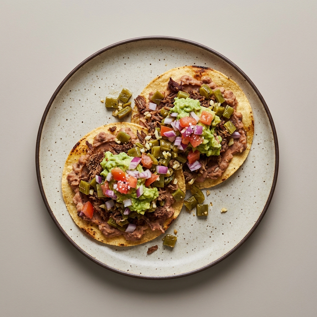 Tostadas de machaca de res con pico de gallo y guacamole