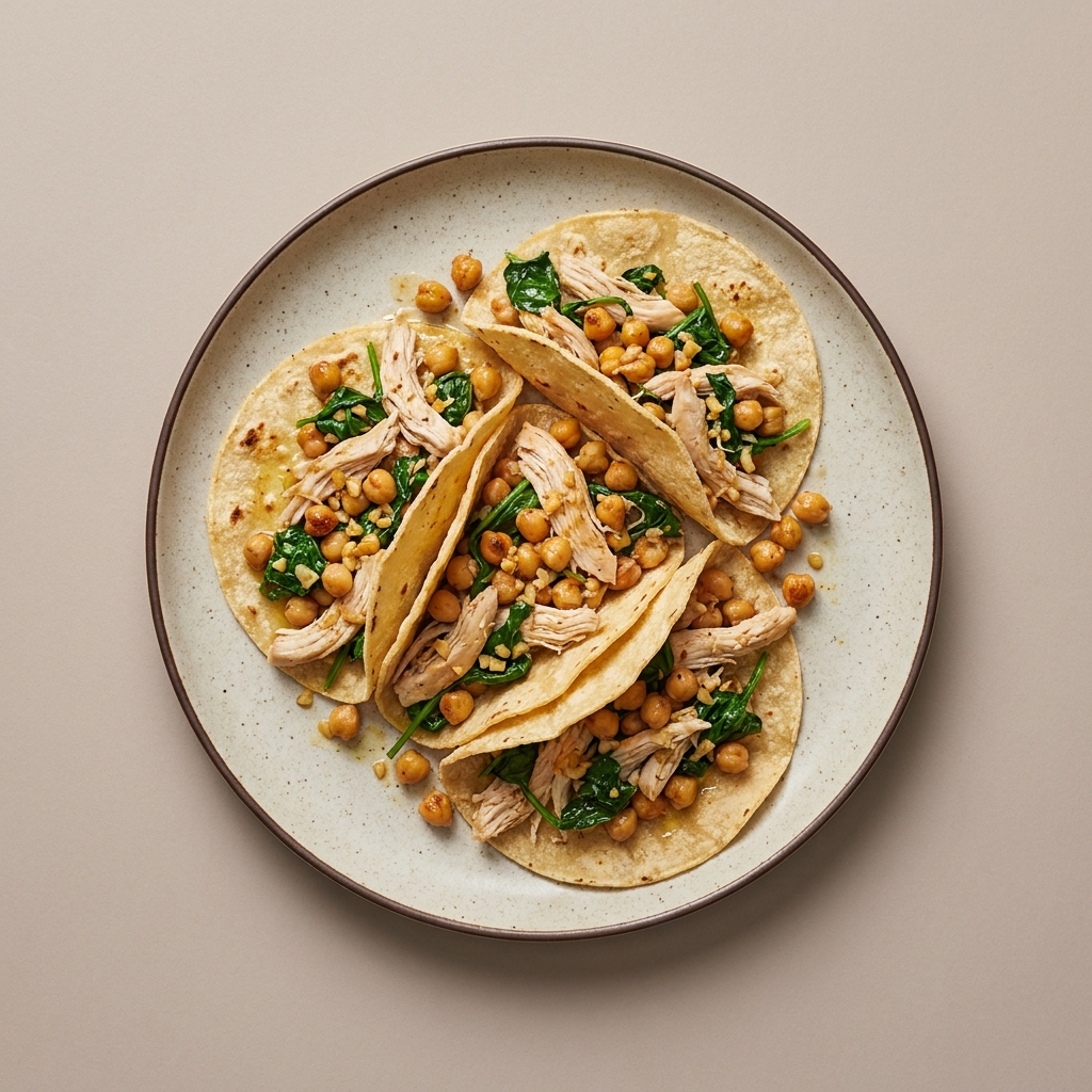 Tacos de pechuga de pollo deshebrada con espinaca y garbanzos