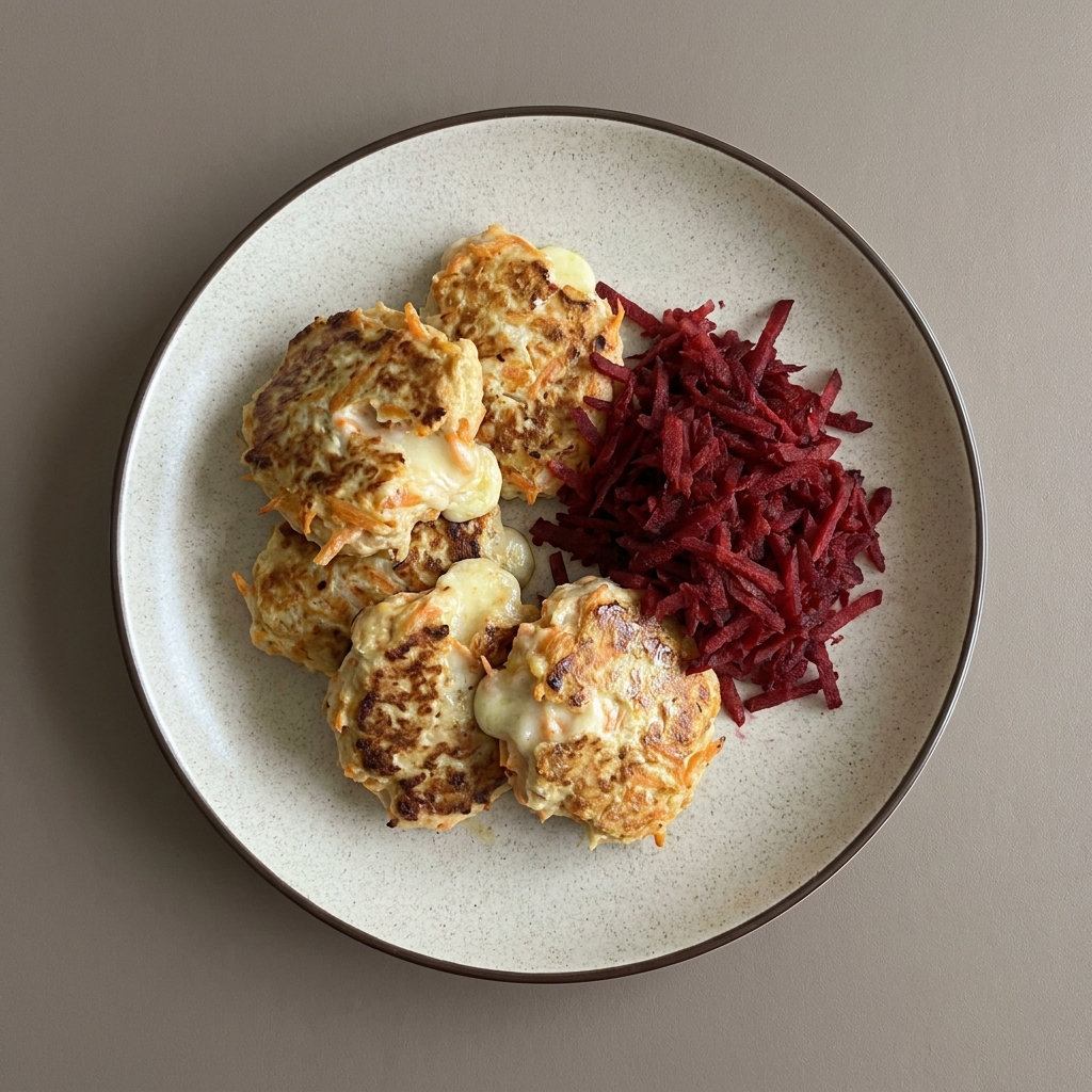Tortitas de pollo molido con queso panela y zanahoria rallada + betabel rallado