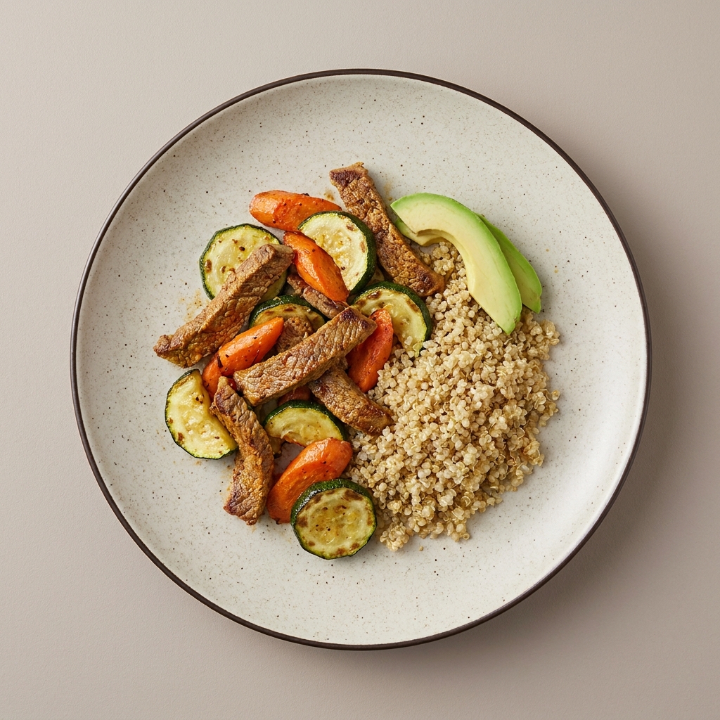 Fajitas de res con calabacitas y zanahoria asada con quinoa