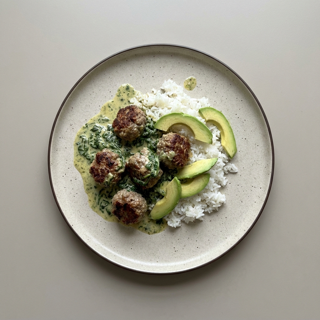 Albondigas con espinaca, arroz y aguacate