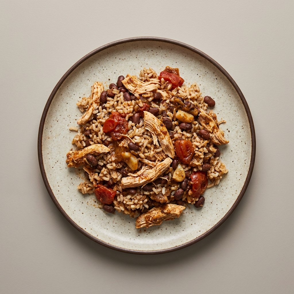 Picadillo de pechuga de pollo deshebrada con jitomate con arroz integral por un lado