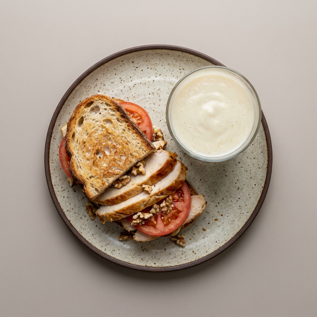 Sandwich de pechuga de pavo horneada con jitomate y nuez, con licuado de pera