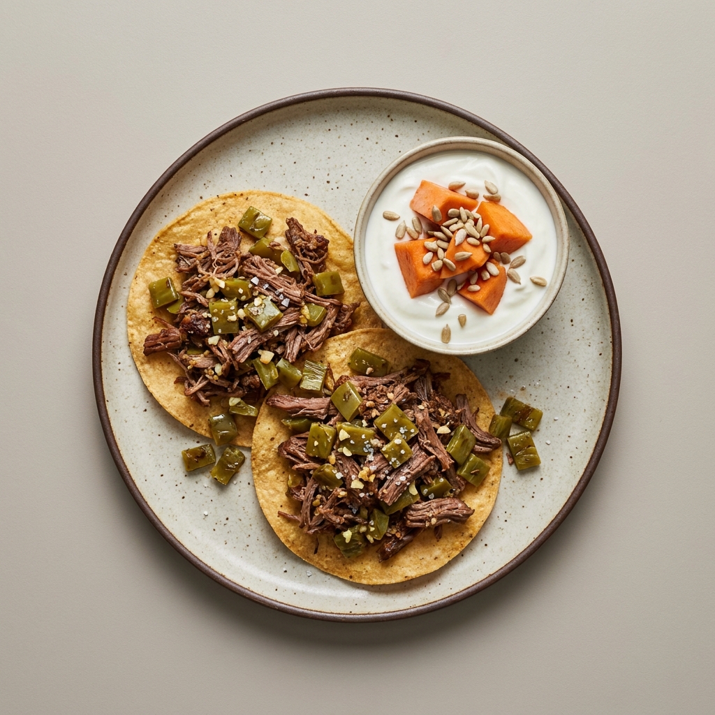 Tostadas de machaca de res con nopal acompañado de un bowl de yogurt con mamey y semillas de girasol